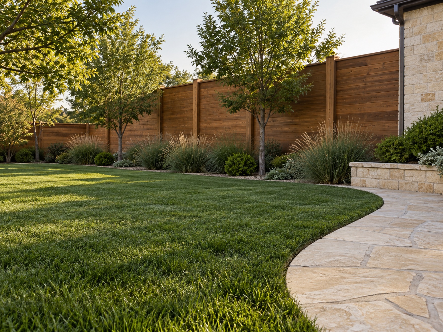 Fresh lawn, detailed limestone hardscape, and professionally built cedar fence